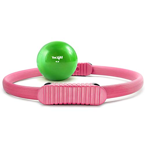 Yes4All Soft Weighted Toning Ball - 4 lb Sand Ball Green and Magic Circle Pilates Ring - Pilates Resistance Ring Pink