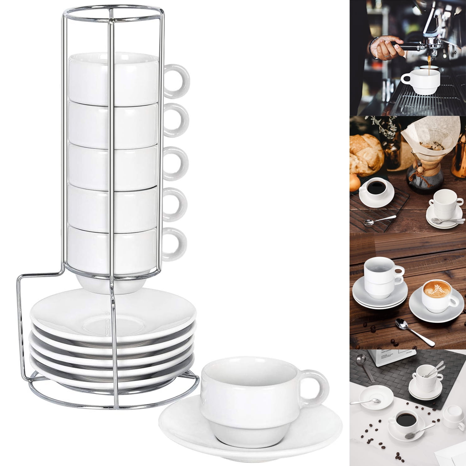 6 Modwnfy Espresso Cups & Saucers, 2.5oz White