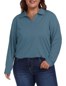 Plus Size V-Neck Long Sleeve Golf Polo - Blue