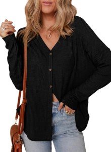 Oversized V-Neck Waffle Knit Long Sleeve Top