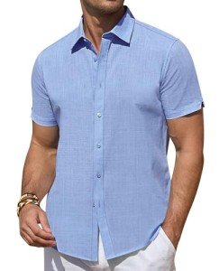 Men’s Short Sleeve Linen Button Down Shirt – Baby Blue