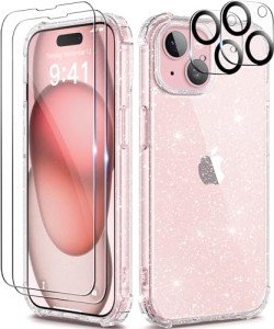 TIESZEN 5-in-1 Glitter iPhone 15 Case Bundle