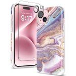 GVIEWIN Pink Marble iPhone 15 Case with Protectors
