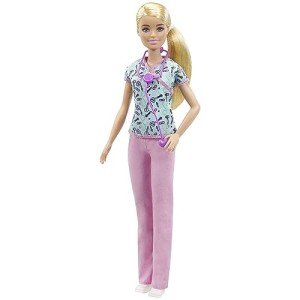 Blonde Nurse Barbie Doll with Patterned Scrubs