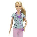 Blonde Nurse Barbie Doll with Patterned Scrubs