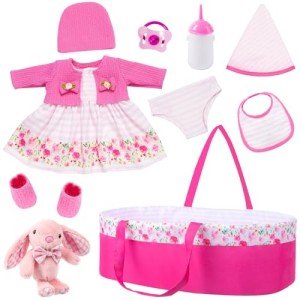 10 Pcs Baby Doll Clothes with Bassinet Set