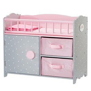 Pink Polka Dot Wooden Doll Crib with Storage