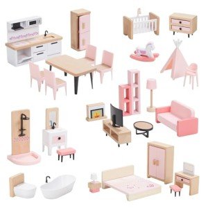 32-Piece Wooden Dollhouse Furniture Set for Kids