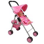 Pink Quilted Foldable Doll Stroller with Basket