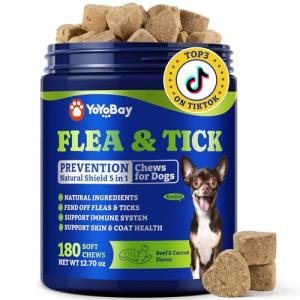 YoYoBay Flea & Tick Prevention for Dogs Chewables, Natural Dog Flea and Tick Control Treatment, Oral Flea Pills, Dogs Supplement, Natural Shield 5-in-1 Protection, Beef & Carrot Flavor, 180 Soft Chews