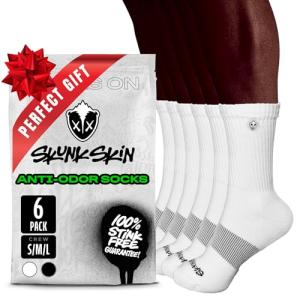 SKUNK SKIN Anti-Odor Crew Socks - Pack of 6 - Cool, Fresh, and Moisture-Absorbent Breathable Cotton Fabric, Crew-Cut Length - Men & Women - Everyday Wear, Travel and Active Lifestyle - White, Small