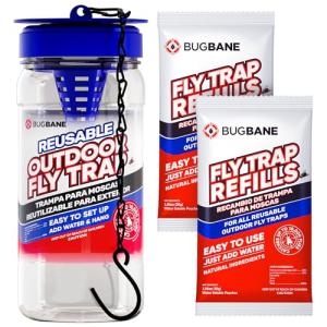Fly Traps Outdoor Fly Trap for Patio with 2 Non-Toxic Dissolvable Bait Refills. Reusable Hanging Bug Catcher Killer for All Filth Flies for Outside Bug Control Yard Ranch. Hanging Chains Included