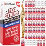 Fly Strips Indoor Sticky Hanging 48pk with Pins. Non Toxic Outdoor Fly Trap Indoor for Home. Flies Tape Paper Trap Ribbon Roll for House Gnat Fruit and Housefly. Bug Catchers for Inside Home Flypaper.