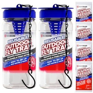 2 Reusable Outdoor Fly Traps with Bait Refills