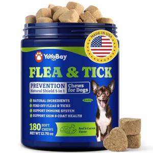 YoYoBay Flea & Tick Prevention for Dogs Chewables, Natural Dog Flea and Tick Control Treatment, Oral Flea Pills, Dogs Supplement, Natural Shield 5-in-1 Protection, Beef & Carrot Flavor, 180 Soft Chews