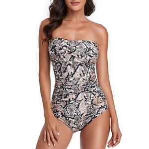 Smismivo Women's Strapless One Piece Tummy Control Swimsuit Vintage Retro Ruched Bandeau Bathing Suit Padded Slimming Tube Top Shirred Swimwear Gold Snakeskin