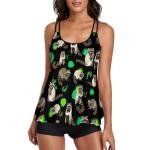 Womens Black Green Leaves Cute Raccoon Tankini Swimsuits, Two Piece Tummy Control Bathing Suits Blouson Tank Tops with Boyshorts Beach Swimwear