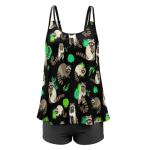Womens Black Green Leaves Cute Raccoon Tankini Swimsuits, Two Piece Tummy Control Bathing Suits Blouson Tank Tops with Boyshorts Beach Swimwear