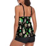 Womens Black Green Leaves Cute Raccoon Tankini Swimsuits, Two Piece Tummy Control Bathing Suits Blouson Tank Tops with Boyshorts Beach Swimwear