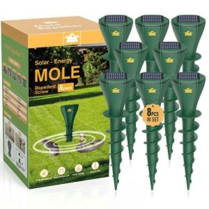 Aeemrn Mole Repellent Solar Powered, Patent Screw-Shape-Stake Design, IP65 Waterproof, Varying Sonic and Vibration to Expel Mole Gopher Snake Vole, for Lawn Garden & Yard(8pc)