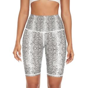 Cerburny Workout Shorts Women Snakeskin High Waist Tummy Control Spandex Shorts Leggings with Pockets for Gym