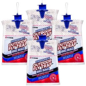 Fly Traps Outdoor Fly Trap for Patio. 4 Large Non-Toxic Pre-Baited Flies Bags Outdoor Disposable. Big Hanging Bug Catchers for All Filth Flies Killer for Outside Bug Control in Yard Horse Ranch