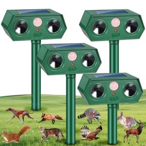 2025 Solar Ultrasonic Squirrel Deer Repellent Rabbit Repeller Raccoon Deterrent Animal Repellent Sonic Fortress Pro with Motion Sensor to Keep Cat Dog Fox Skunk Out of Garden Yard(4Pack)