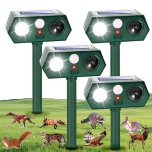 2025 Solar Ultrasonic Animal Repellent Sonic Fortress Pro Deer Repellent Raccoon Repeller Rabbit Squirrel Deterrent with Flash Light Motion Sensor to Keep Dog Cat Fox Skunk Out of Garden Yard(4Pack)