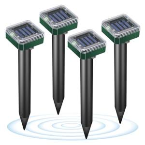 Solar Powered Mole Repellent, 4 Pack Ultrasonic Gopher Vole Deterrent Outdoor - Waterproof Sonic Spikes for Lawn, Garden & Yard - Repels Rats Squirrels Skunks Chipmunks Groundhogs Snakes & Rodents