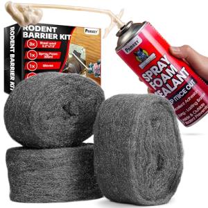 Rodent Barrier Kit, 3PCS Steel Wool Included PU Foam Hole Filler, 3.2"x7.5’ Steel Wool for Mice Control, Rodent Control Fill Fabric, Gloves, Scissors, Gap Blocker in Hole Pipeline Vent in House Garage