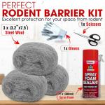 Rodent Barrier Kit, 3PCS Steel Wool Included PU Foam Hole Filler, 3.2"x7.5’ Steel Wool for Mice Control, Rodent Control Fill Fabric, Gloves, Scissors, Gap Blocker in Hole Pipeline Vent in House Garage