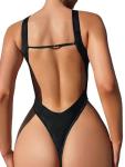 Foxiny Sexy Backless Cheeky High Cut Leg Thong V Neck One Piece Swimsuit Women Tummy Control Brazilian Open Back Bathing Suit Bikini Snake Black Small