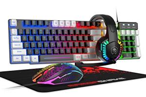 Wired Rainbow LED Backlit Keyboard and Mouse, Over Ear Headphone with Mic, Gaming Mice and Pad, for PC, Xbox and PS4 (Black/White)