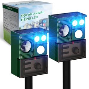 2 Packs Solar Animal Repeller Ultrasonic, Cat Repellent Outdoor with USB Recharging, Waterproof Ultrasonic Deer Repellent Motion Activated Repel Dog, Squirrel, Deer, Raccoon, Skunk, Rabbit