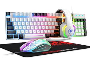 Wired Rainbow LED Backlit Keyboard and Mouse, Over Ear Headphone with Mic, Gaming Mice and Pad, for PC, Xbox and PS4 (White/Black)