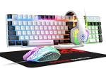 Wired Rainbow LED Backlit Keyboard and Mouse, Over Ear Headphone with Mic, Gaming Mice and Pad, for PC, Xbox and PS4 (White/Black)