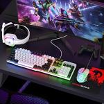 Wired Rainbow LED Backlit Keyboard and Mouse, Over Ear Headphone with Mic, Gaming Mice and Pad, for PC, Xbox and PS4 (White/Black)