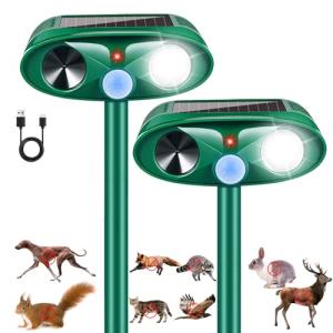 2Pack Upgraded Ultrasonic Solar Animal Repellent Outdoor,Deer Repellent Devices with Motion Detection & Strobe Light,Waterproof Cat Mouse Raccoon Dog Rabbit Deterrent for Yard Garden Protection