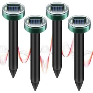 4Pack Solar Powered Mole Repellent,Sonic Spike Stakes Chaser for Lawn,Garden Yards,Farm,Outdoor Ultrasonic Repeller for Snake,Rodent,Gopher,Vole Groundhog Squirrel Chipmunk Waterproof Pest Control