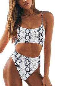 Meyeeka Womens Sexy Strappy Cut Out High Waist Monokini Tummy Control One Piece Swimsuit Snakeskin XL