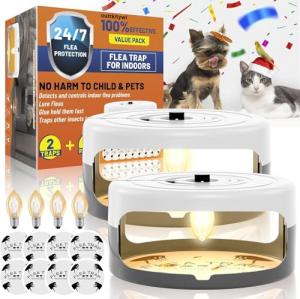 2 Pack Flea Traps for Inside Your Home with 8 Sticky Trap Refills & 4 Bulbs & 2 Electric Wires, Flea Killer Indoor Bed Bug Trap Pest Control, Non Toxic & Harmless, Friendly to Pets & Kids