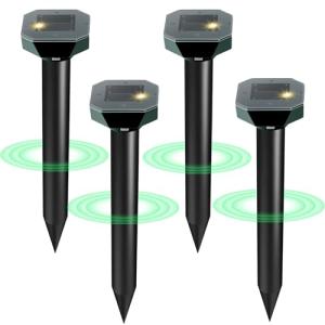 Snake & Mole & Rabbit Repellent Solar Powered, Ultrasonic Deterrent, IP65 Waterproof, to Get Rid of Gopher, Groundhog, Chipmunk, Rodent, Raccoon, Vole and Skunk for Lawn & Garden, 4 Pack