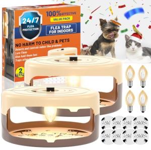 2 Pack Flea Traps for Inside Your Home with 8 Sticky Glue Pads & 4 Flea Light Killer Indoor Bed Bug Trap Pest Control, Non Toxic & Harmless, Friendly to Pets & Kids