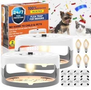 2 Pack Flea Traps for Inside Your Home, Indoor Flea Light, Bed Bug Killer with 8 Sticky Pads & 4 Light Bulb, Odorless Natural Insect Infestation Treatment Trap for Kid Pet
