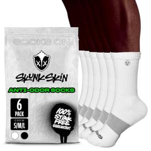 SKUNK SKIN Anti-Odor Crew Socks - Pack of 6 - Cool, Fresh, and Moisture-Absorbent Breathable Cotton Fabric, Crew-Cut Length - Men & Women - Everyday Wear, Travel and Active Lifestyle - White, Small