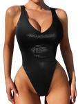 Foxiny Plus Size Sexy Backless Cheeky High Cut Leg Thong V Neck One Piece Swimsuit Women Tummy Control Brazilian Open Back Bathing Suit Bikini Snake Black XX-Large