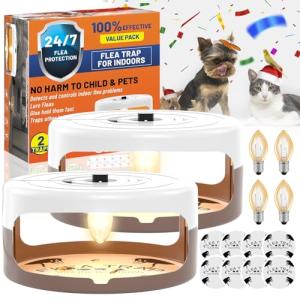 2 Pack Flea Traps for Inside Your Home, Indoor Flea Light, Bed Bug Killer with 8 Sticky Pads & 4 Light Bulb, Odorless Natural Insect Infestation Treatment Trap for Kid Pet