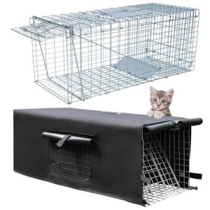Live Animal Trap Cage with Cover, Cat Trap for Stray Cats Raccoon Trap with Real Door Folding for Raccoons, Opossums, Groundhogs, Skunks, Feral Cats, Squirrels(Black, 32 x 10 x 12 inches)