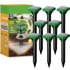 8 Packs Solar Mole Repellent for Lawns, Ultrasonic Gopher Deterrent Outdoor, IP65 Waterproof Groundhog Snake Repellent for Yard, Sonic Vole Deterrent Spikes, Effective for Lawns, Garden, Farm
