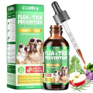 Oral Flea & Tick Prevention for Dogs and Cats, Natural Flea and Tick Defense Drops with Multivitamin for Pets - Supports Healthy Skin & Coat - Flea Herbal Drops All Breeds and Sizes - Bacon Flavor